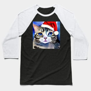 Blue Eyed Cat in a Santa Hat Watercolor Baseball T-Shirt